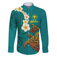 Hawaii Turtle Plumeria Flower Family Matching Tank Maxi Dress and Hawaiian Shirt Polynesian Pattern Turquoise Color
