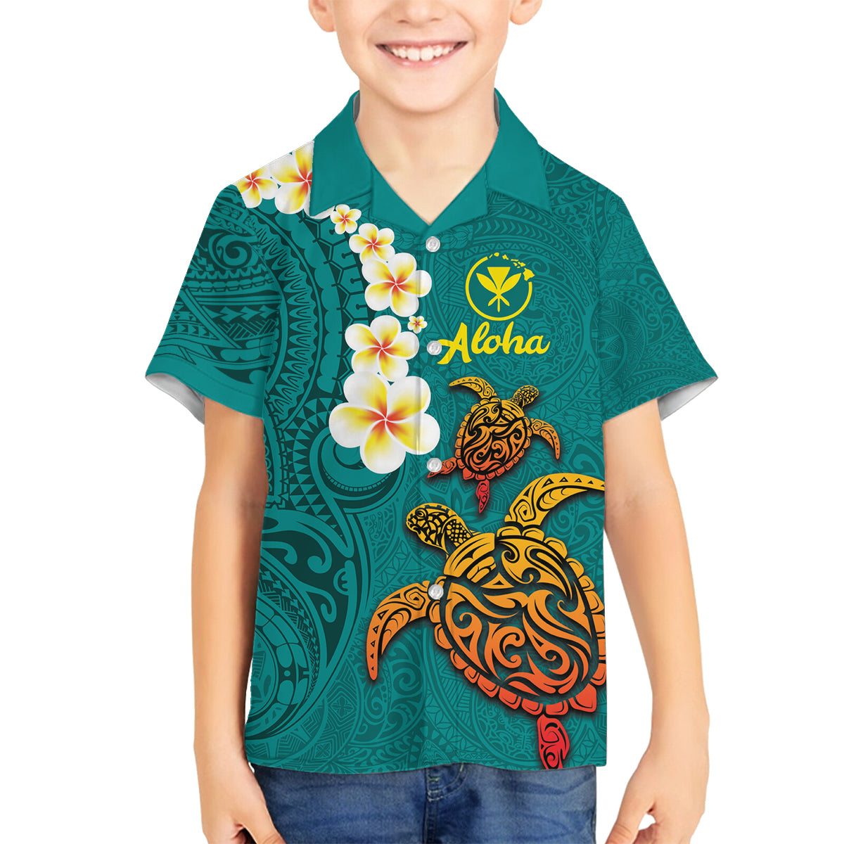 Hawaii Turtle Plumeria Flower Family Matching Tank Maxi Dress and Hawaiian Shirt Polynesian Pattern Turquoise Color