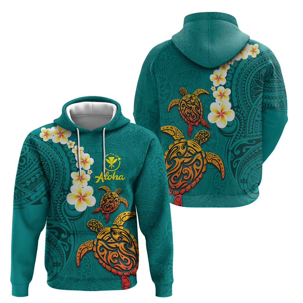 Hawaii Turtle Plumeria Flower Hoodie Polynesian Pattern Turquoise Color