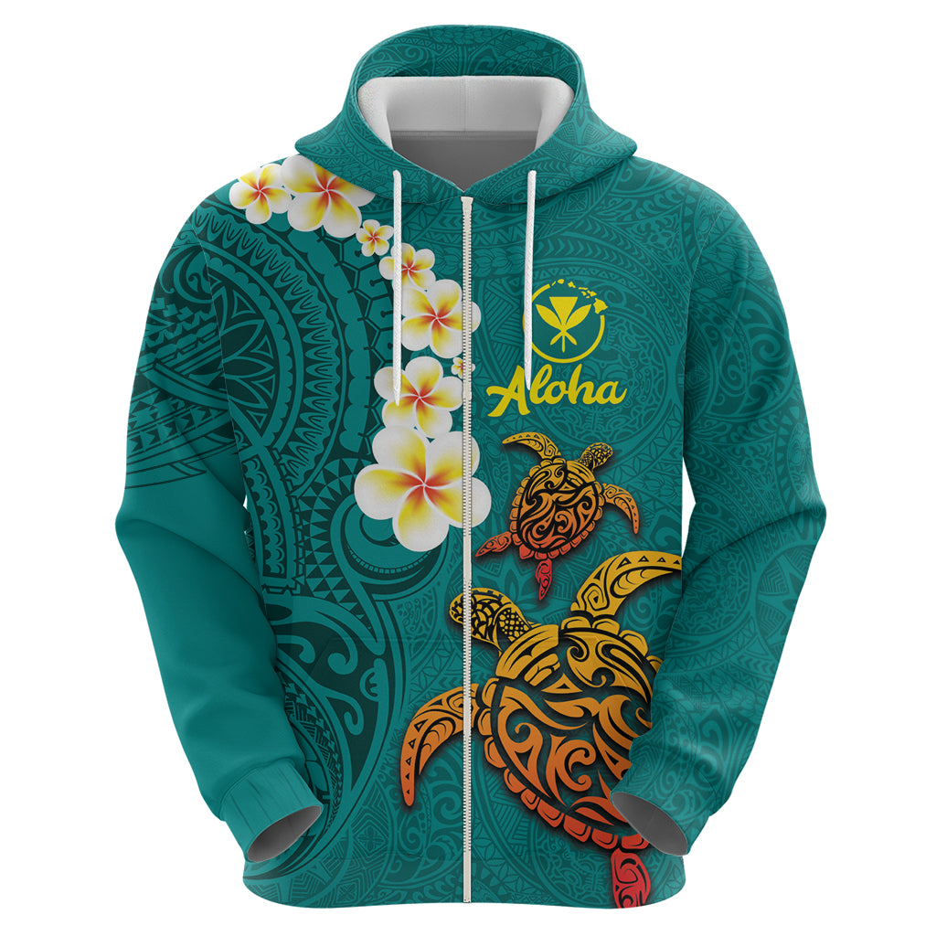 Hawaii Turtle Plumeria Flower Hoodie Polynesian Pattern Turquoise Color
