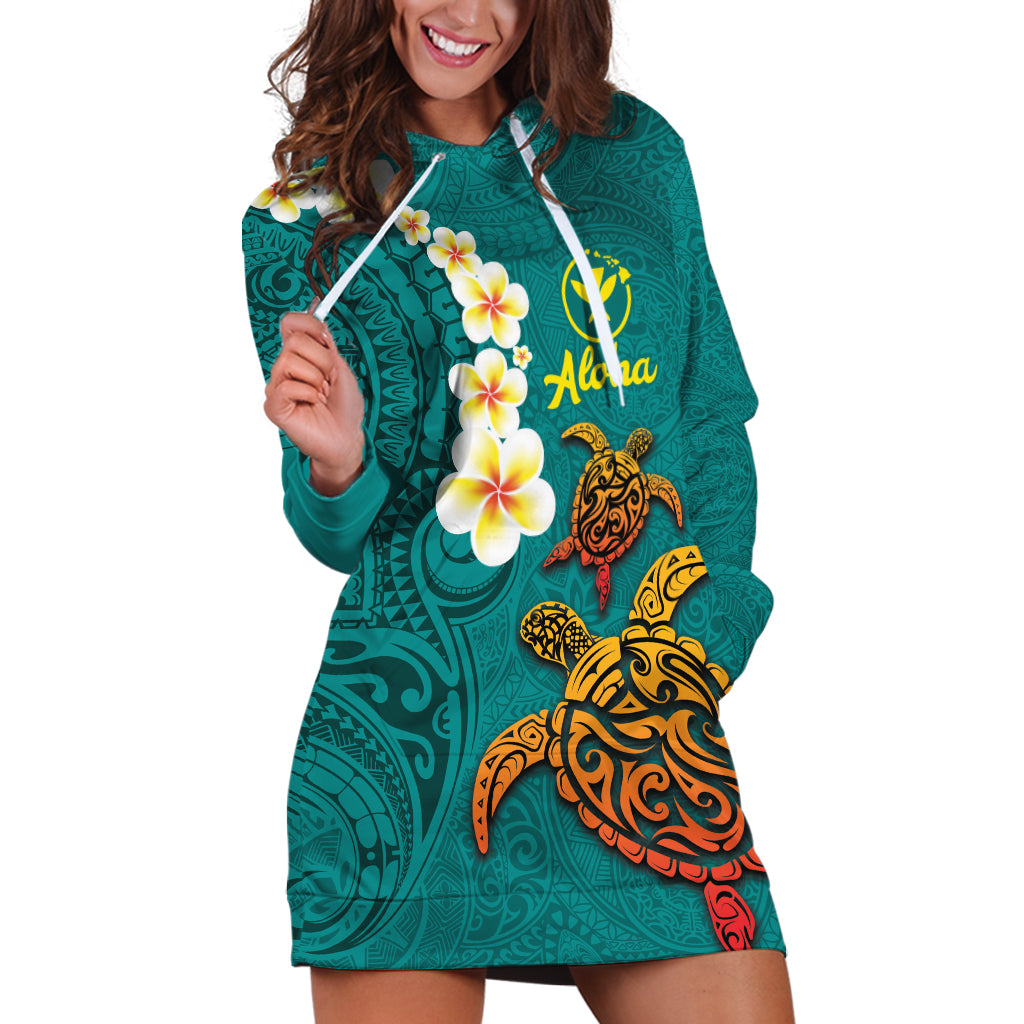 Hawaii Turtle Plumeria Flower Hoodie Dress Polynesian Pattern Turquoise Color LT03 Turquoise - Polynesian Pride