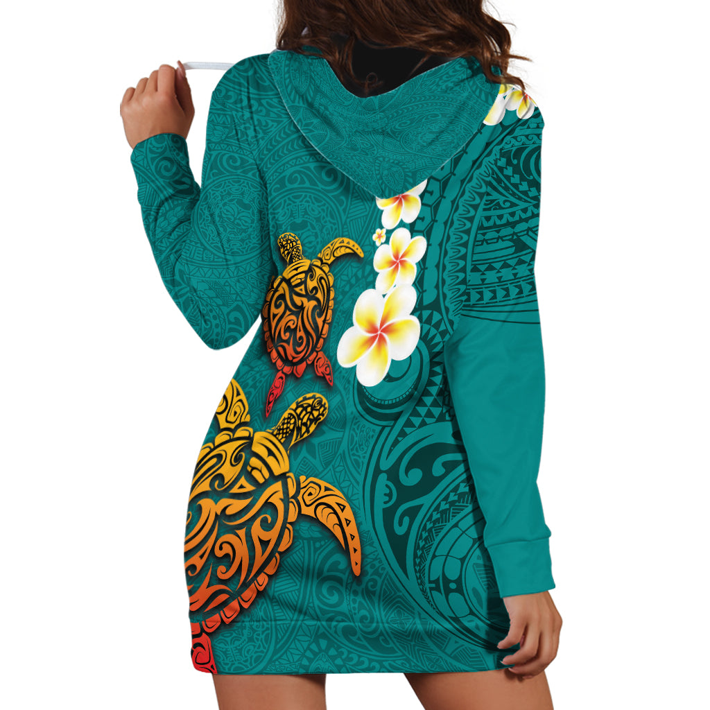 Hawaii Turtle Plumeria Flower Hoodie Dress Polynesian Pattern Turquoise Color LT03 - Polynesian Pride
