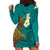 Hawaii Turtle Plumeria Flower Hoodie Dress Polynesian Pattern Turquoise Color