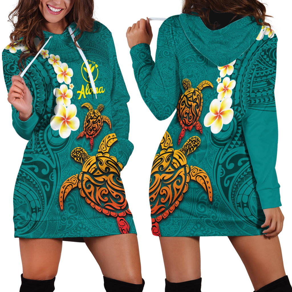 Hawaii Turtle Plumeria Flower Hoodie Dress Polynesian Pattern Turquoise Color LT03 - Polynesian Pride