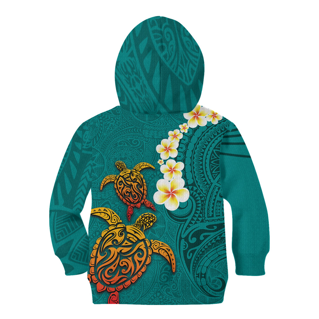 Hawaii Turtle Plumeria Flower Kid Hoodie Polynesian Pattern Turquoise Color