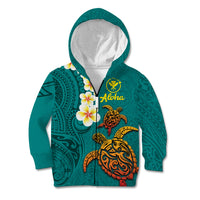 Hawaii Turtle Plumeria Flower Kid Hoodie Polynesian Pattern Turquoise Color
