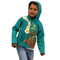 Hawaii Turtle Plumeria Flower Kid Hoodie Polynesian Pattern Turquoise Color