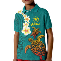 Hawaii Turtle Plumeria Flower Kid Polo Shirt Polynesian Pattern Turquoise Color