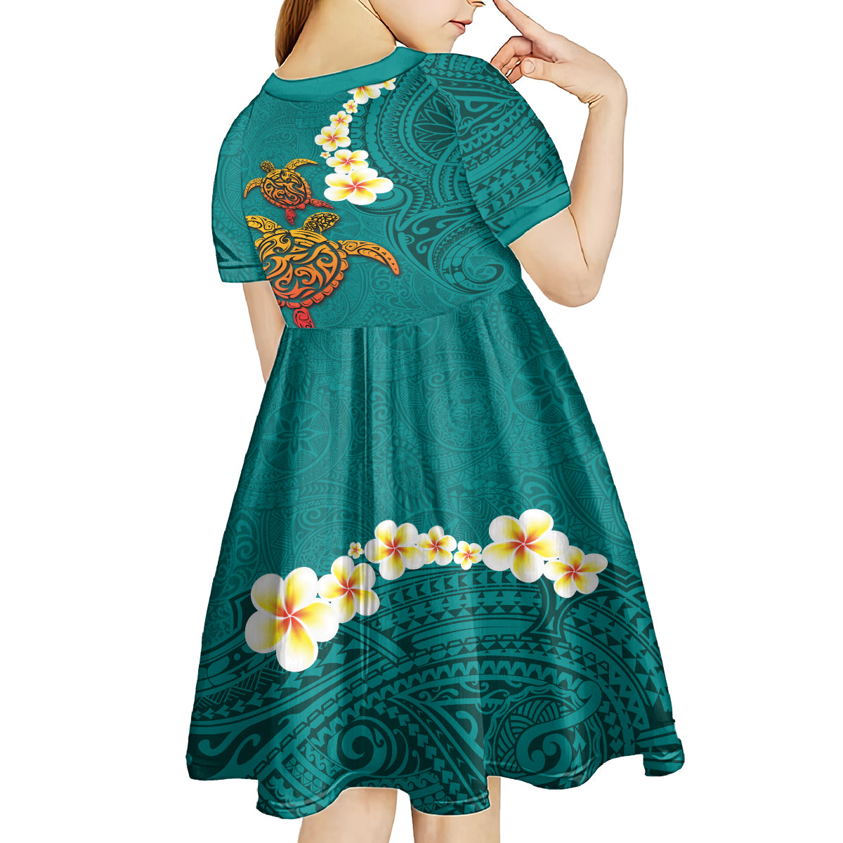 Hawaii Turtle Plumeria Flower Kid Short Sleeve Dress Polynesian Pattern Turquoise Color LT03 - Polynesian Pride