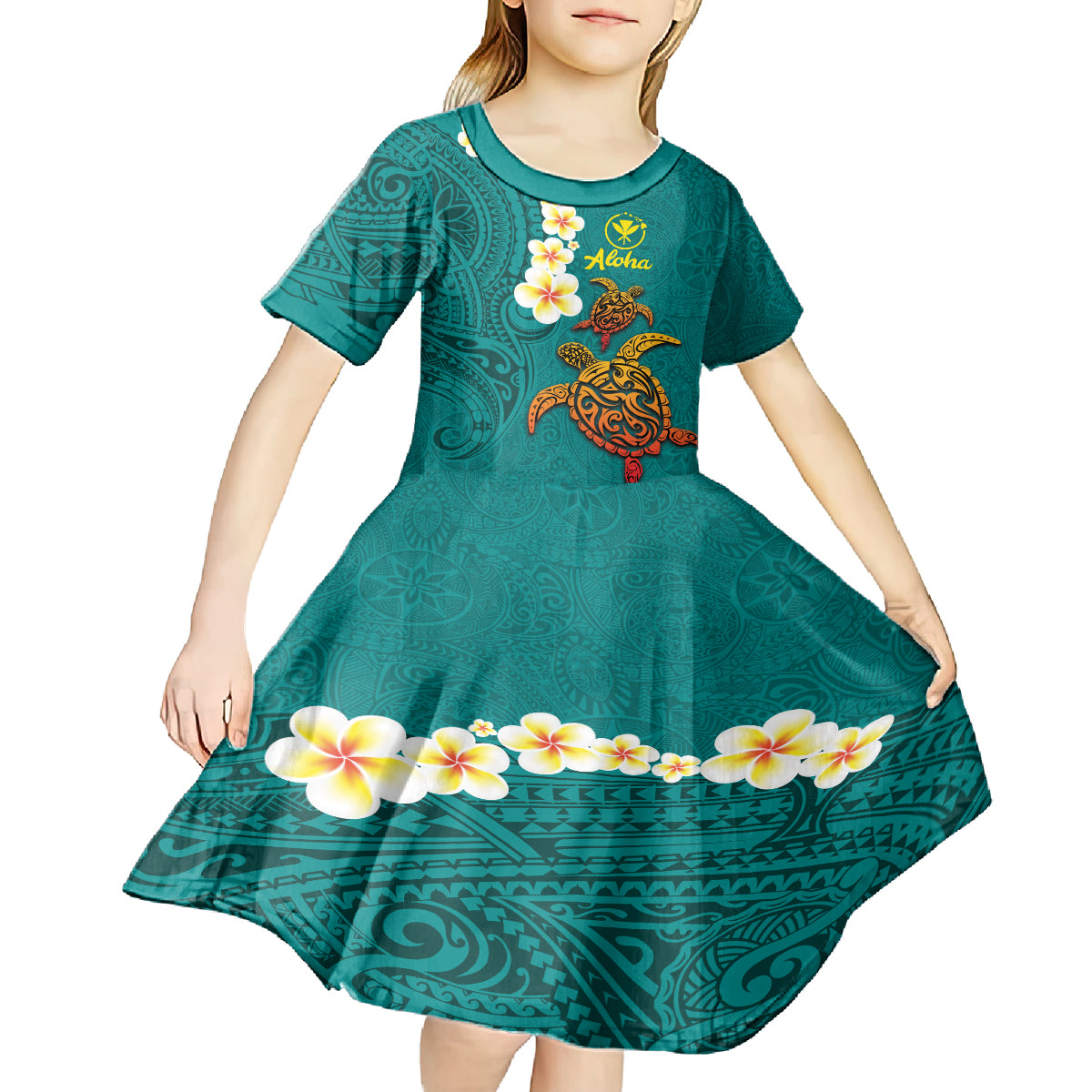 Hawaii Turtle Plumeria Flower Kid Short Sleeve Dress Polynesian Pattern Turquoise Color LT03 - Polynesian Pride