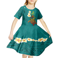 Hawaii Turtle Plumeria Flower Kid Short Sleeve Dress Polynesian Pattern Turquoise Color LT03 - Polynesian Pride