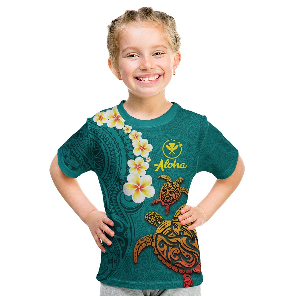 Hawaii Turtle Plumeria Flower Kid T Shirt Polynesian Pattern Turquoise Color