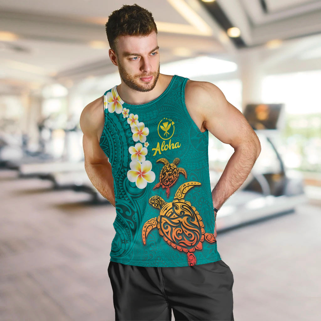 Hawaii Turtle Plumeria Flower Men Tank Top Polynesian Pattern Turquoise Color