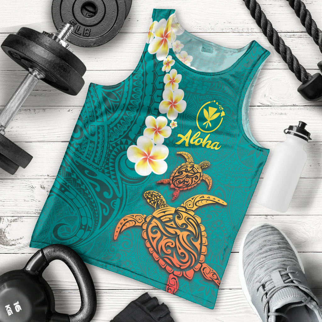 Hawaii Turtle Plumeria Flower Men Tank Top Polynesian Pattern Turquoise Color LT03 - Polynesian Pride