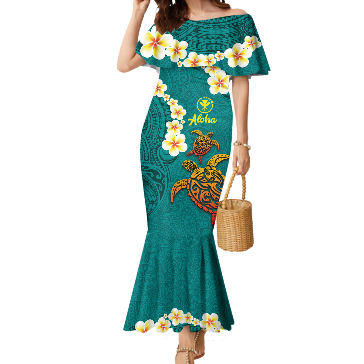 Hawaii Turtle Plumeria Flower Mermaid Dress Polynesian Pattern Turquoise Color