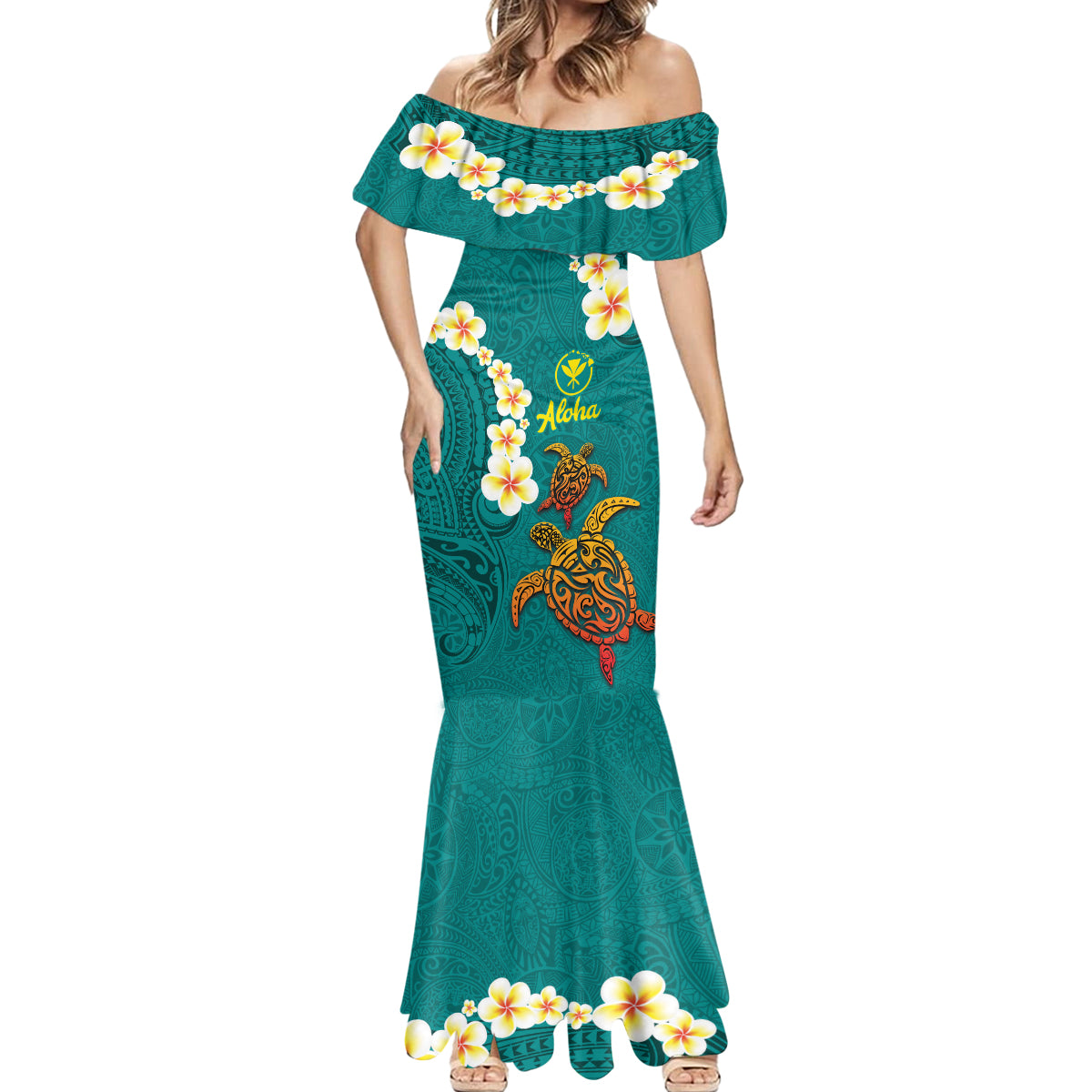 Hawaii Turtle Plumeria Flower Mermaid Dress Polynesian Pattern Turquoise Color