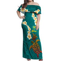 Hawaii Turtle Plumeria Flower Off Shoulder Maxi Dress Polynesian Pattern Turquoise Color LT03 Women Turquoise - Polynesian Pride