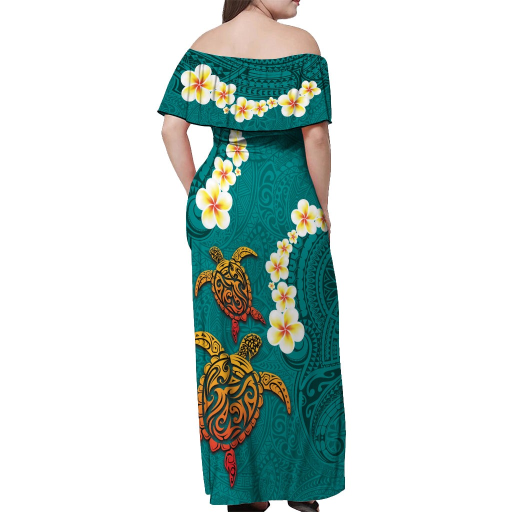 Hawaii Turtle Plumeria Flower Off Shoulder Maxi Dress Polynesian Pattern Turquoise Color LT03 - Polynesian Pride