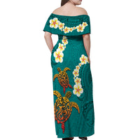 Hawaii Turtle Plumeria Flower Off Shoulder Maxi Dress Polynesian Pattern Turquoise Color LT03 - Polynesian Pride