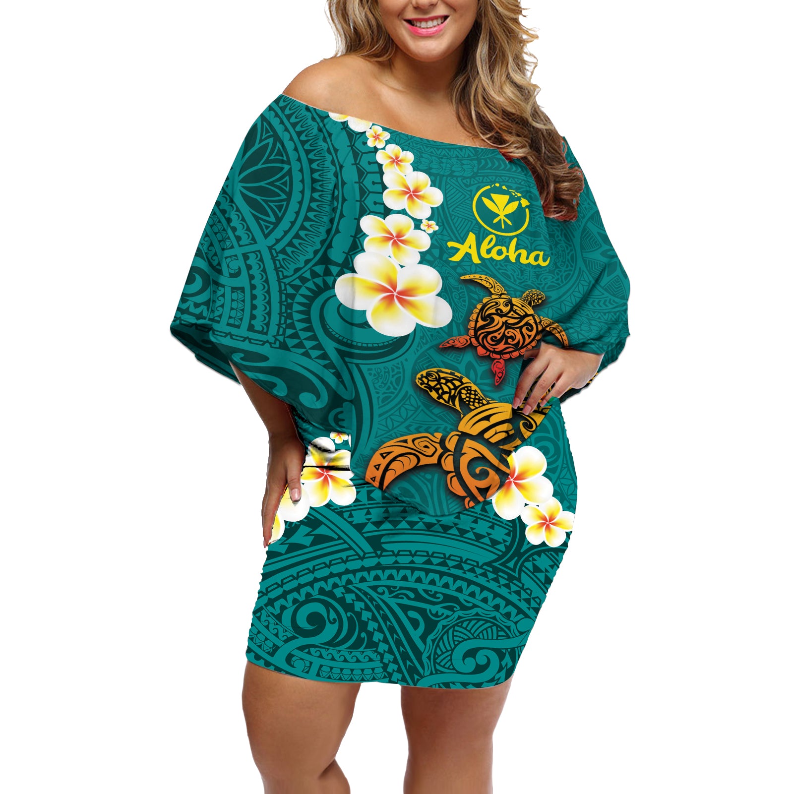 Hawaii Turtle Plumeria Flower Off Shoulder Short Dress Polynesian Pattern Turquoise Color