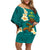 Hawaii Turtle Plumeria Flower Off Shoulder Short Dress Polynesian Pattern Turquoise Color