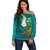 Hawaii Turtle Plumeria Flower Off Shoulder Sweater Polynesian Pattern Turquoise Color