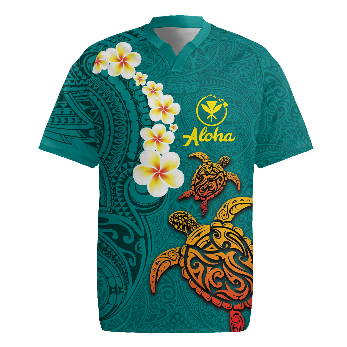 Hawaii Turtle Plumeria Flower Rugby Jersey Polynesian Pattern Turquoise Color