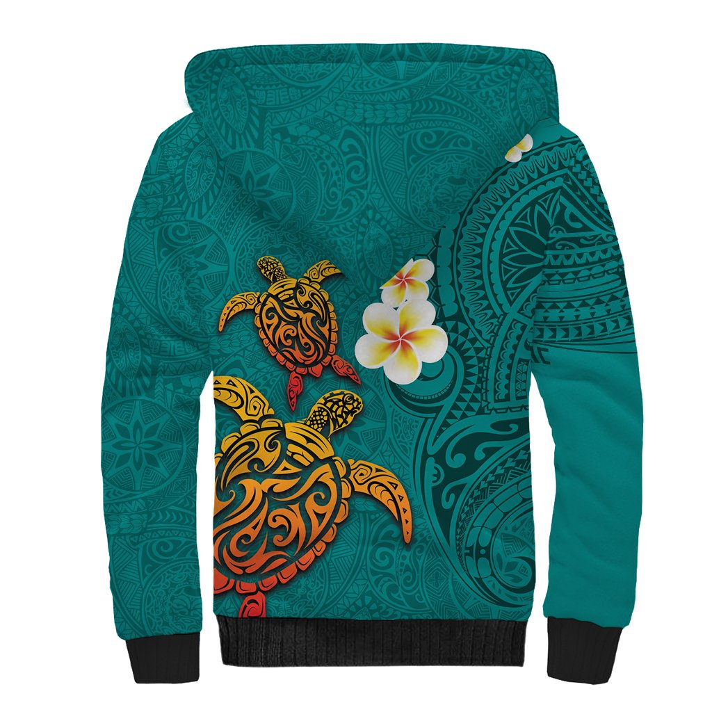 Hawaii Turtle Plumeria Flower Sherpa Hoodie Polynesian Pattern Turquoise Color LT03 - Polynesian Pride
