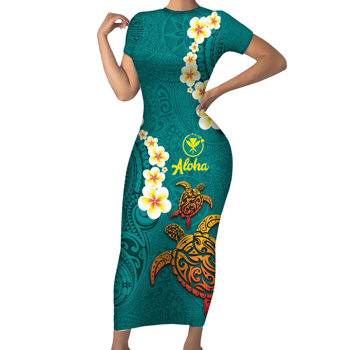 Hawaii Turtle Plumeria Flower Short Sleeve Bodycon Dress Polynesian Pattern Turquoise Color