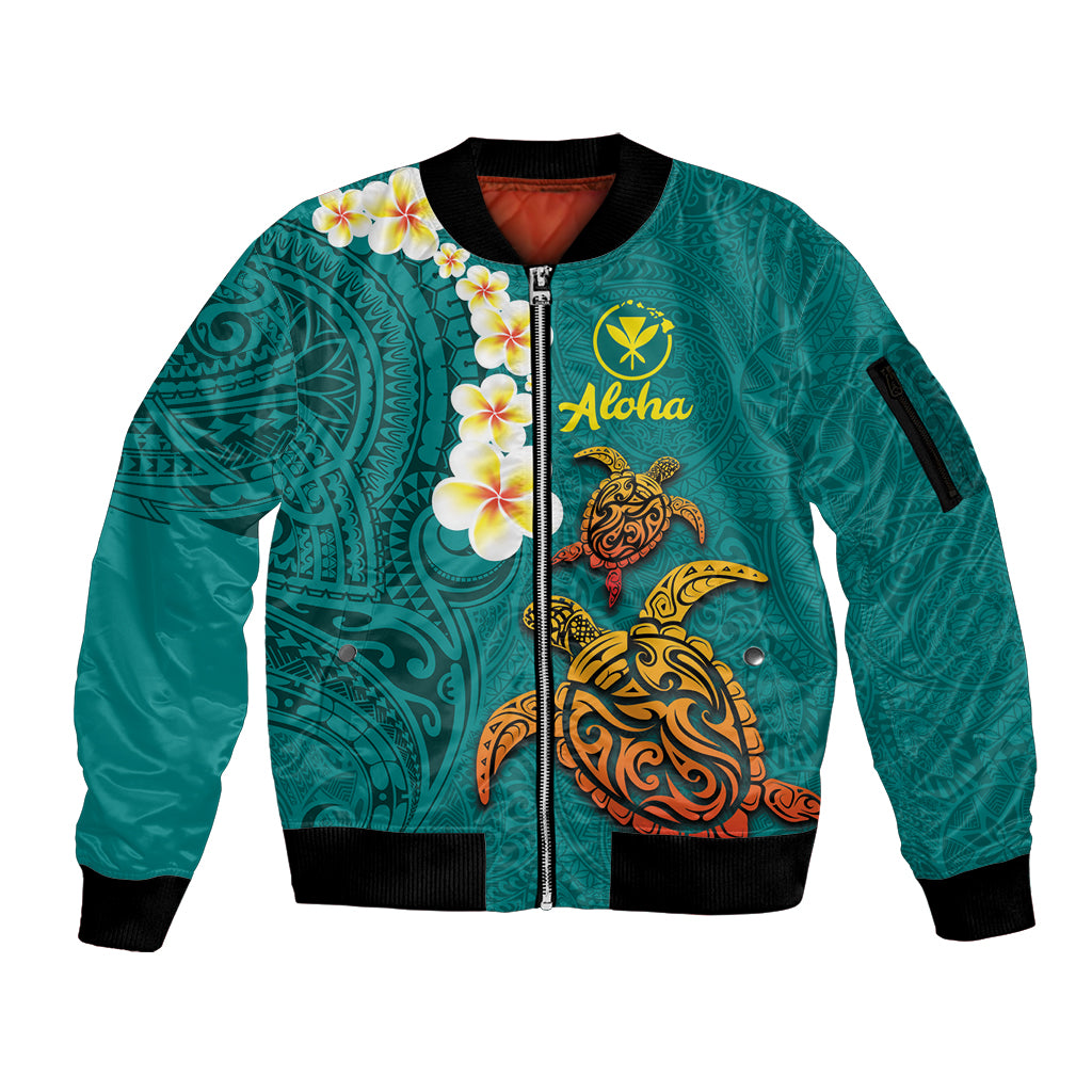 Hawaii Turtle Plumeria Flower Sleeve Zip Bomber Jacket Polynesian Pattern Turquoise Color LT03 Unisex Turquoise - Polynesian Pride
