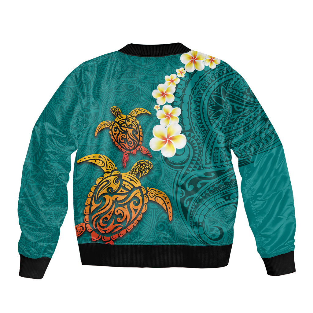 Hawaii Turtle Plumeria Flower Sleeve Zip Bomber Jacket Polynesian Pattern Turquoise Color LT03 - Polynesian Pride