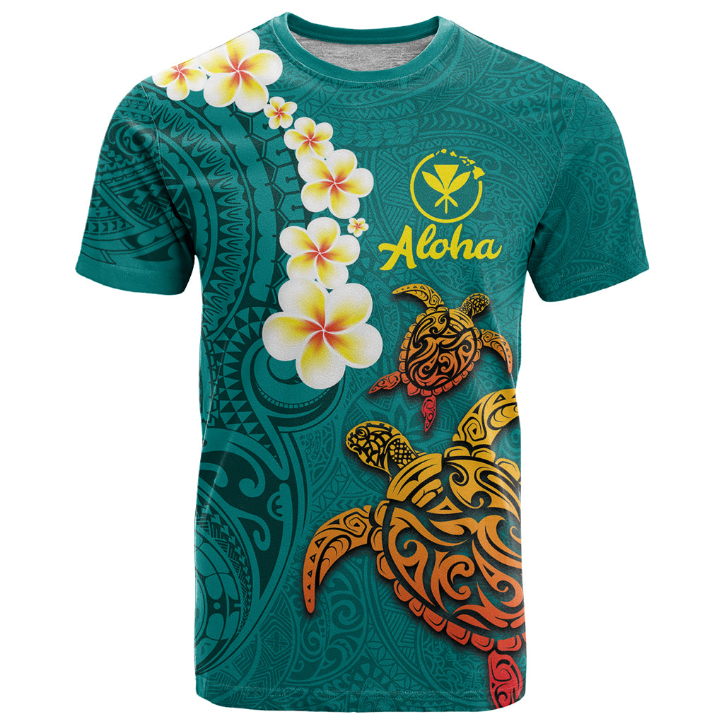 Hawaii Turtle Plumeria Flower T Shirt Polynesian Pattern Turquoise Color