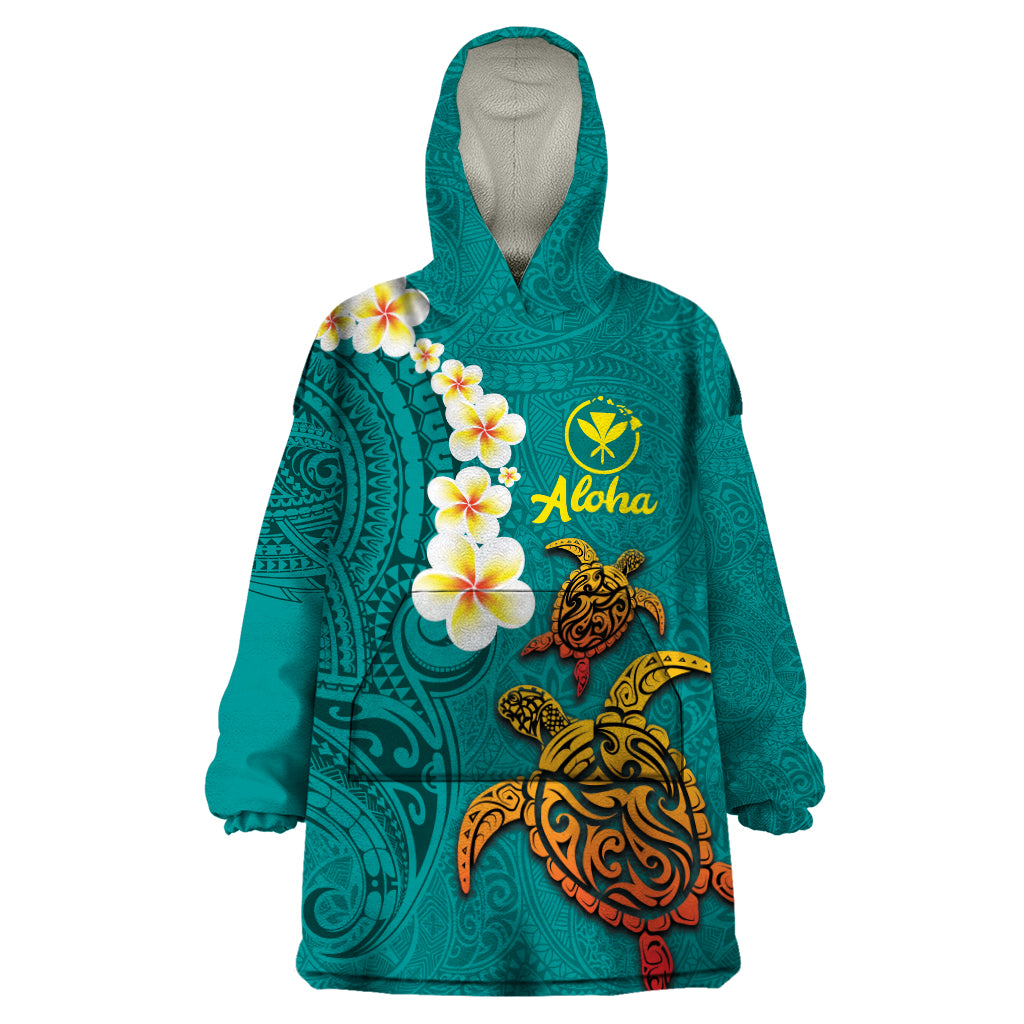 Hawaii Turtle Plumeria Flower Wearable Blanket Hoodie Polynesian Pattern Turquoise Color