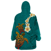 Hawaii Turtle Plumeria Flower Wearable Blanket Hoodie Polynesian Pattern Turquoise Color LT03 - Polynesian Pride