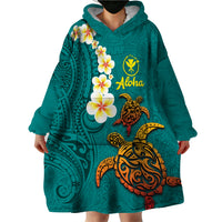 Hawaii Turtle Plumeria Flower Wearable Blanket Hoodie Polynesian Pattern Turquoise Color LT03 - Polynesian Pride