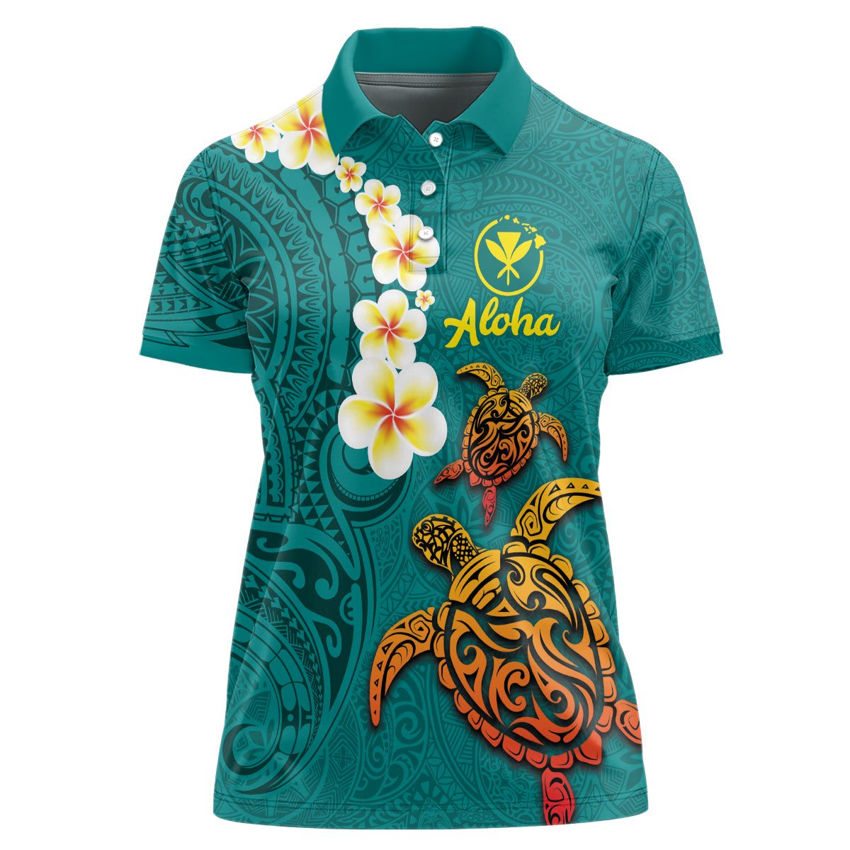 Hawaii Turtle Plumeria Flower Women Polo Shirt Polynesian Pattern Turquoise Color