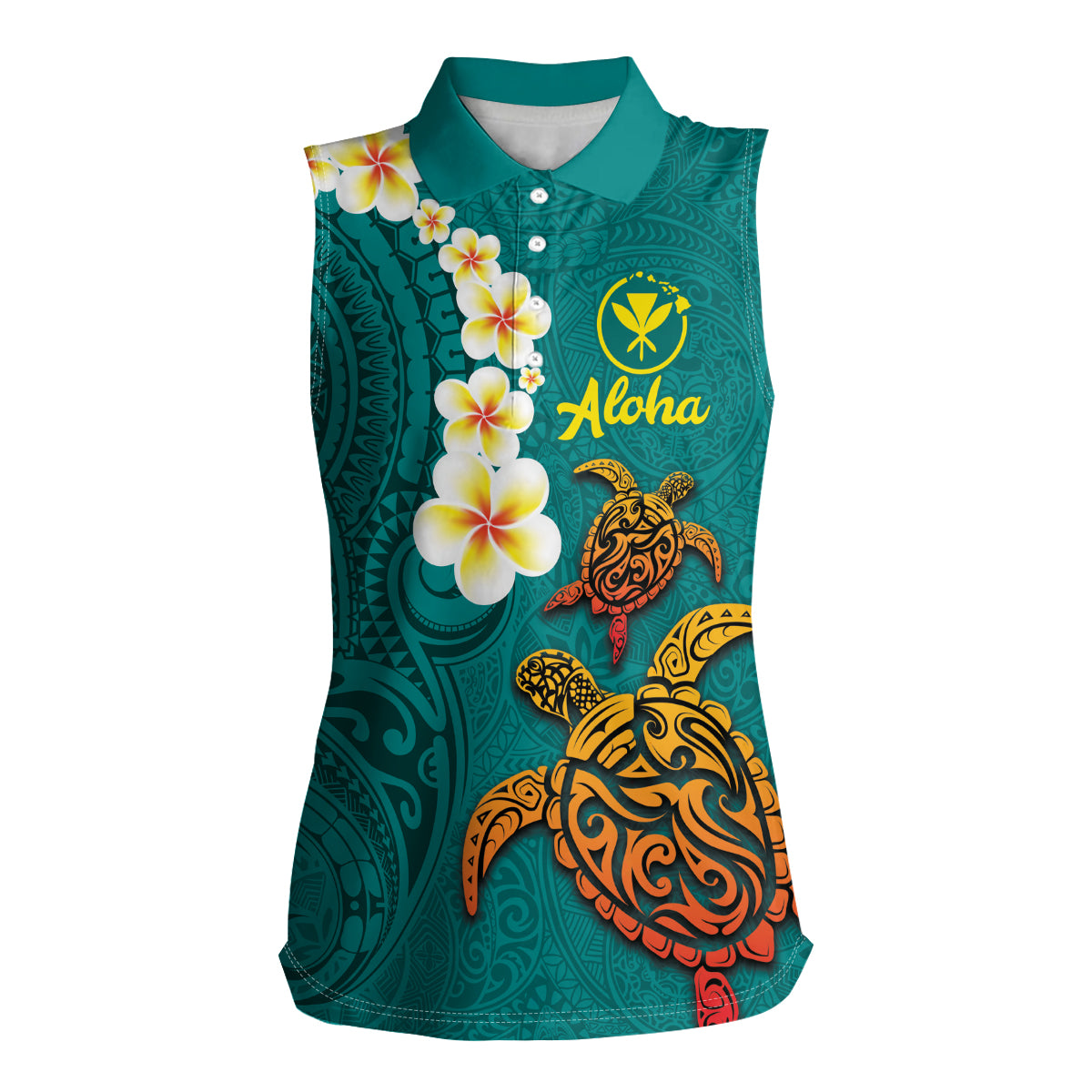 Hawaii Turtle Plumeria Flower Women Sleeveless Polo Shirt Polynesian Pattern Turquoise Color