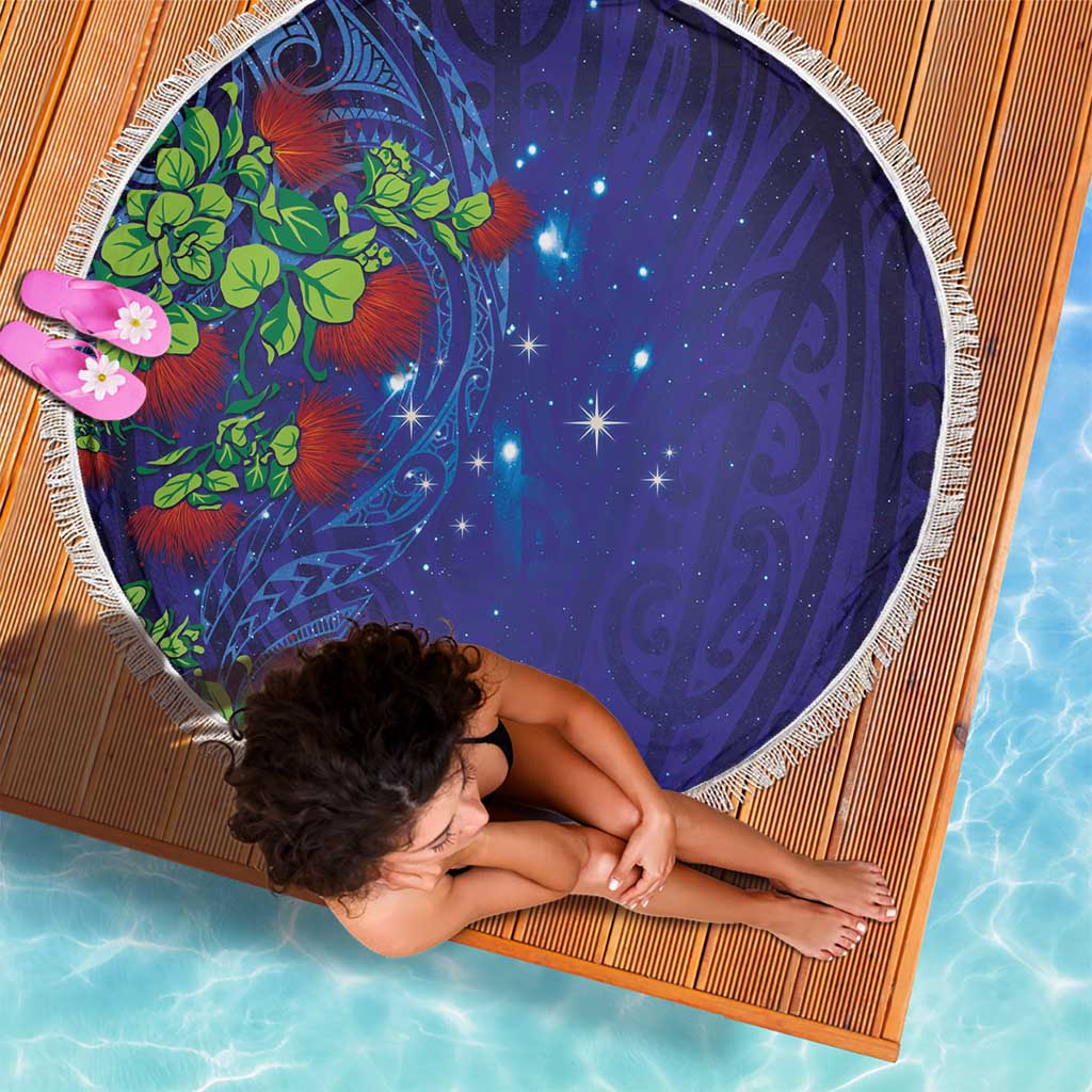 Matariki New Zealand Maori and Pohutukawa Beach Blanket Galaxy Blue Sky Style