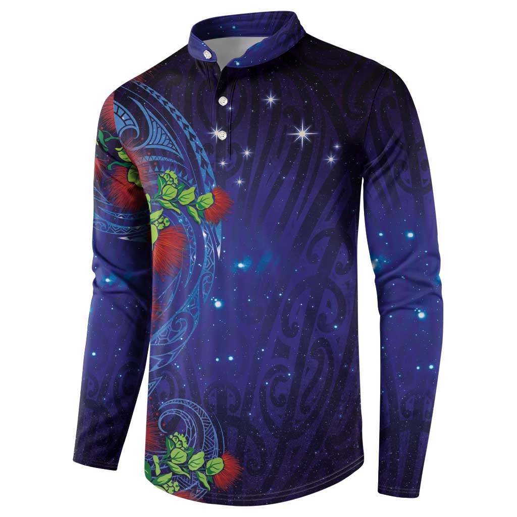Matariki New Zealand Maori and Pohutukawa Button Sweatshirt Galaxy Blue Sky Style