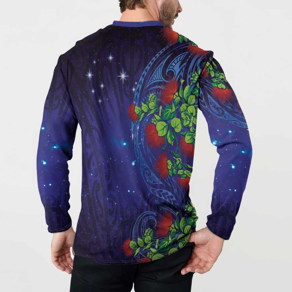 Matariki New Zealand Maori and Pohutukawa Button Sweatshirt Galaxy Blue Sky Style