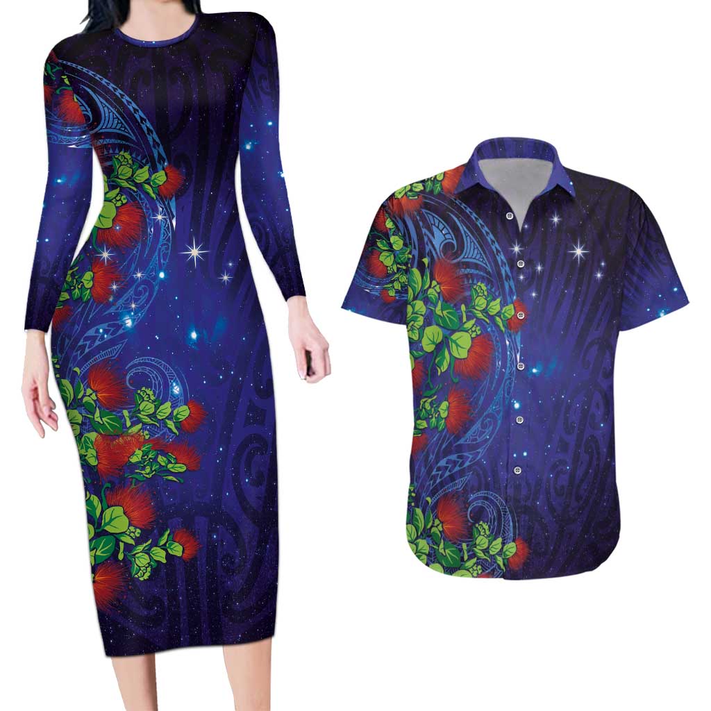 Matariki New Zealand Maori and Pohutukawa Couples Matching Long Sleeve Bodycon Dress and Hawaiian Shirt Galaxy Blue Sky Style