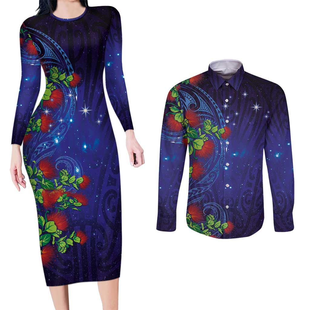 Matariki New Zealand Maori and Pohutukawa Couples Matching Long Sleeve Bodycon Dress and Long Sleeve Button Shirt Galaxy Blue Sky Style