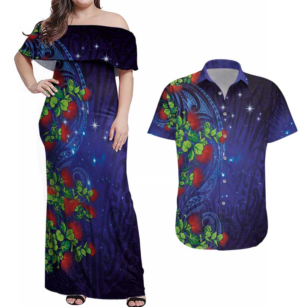 Matariki New Zealand Maori and Pohutukawa Couples Matching Off Shoulder Maxi Dress and Hawaiian Shirt Galaxy Blue Sky Style