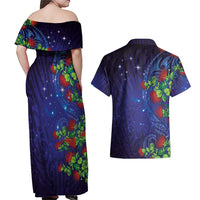 Matariki New Zealand Maori and Pohutukawa Couples Matching Off Shoulder Maxi Dress and Hawaiian Shirt Galaxy Blue Sky Style