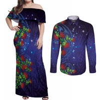Matariki New Zealand Maori and Pohutukawa Couples Matching Off Shoulder Maxi Dress and Long Sleeve Button Shirt Galaxy Blue Sky Style