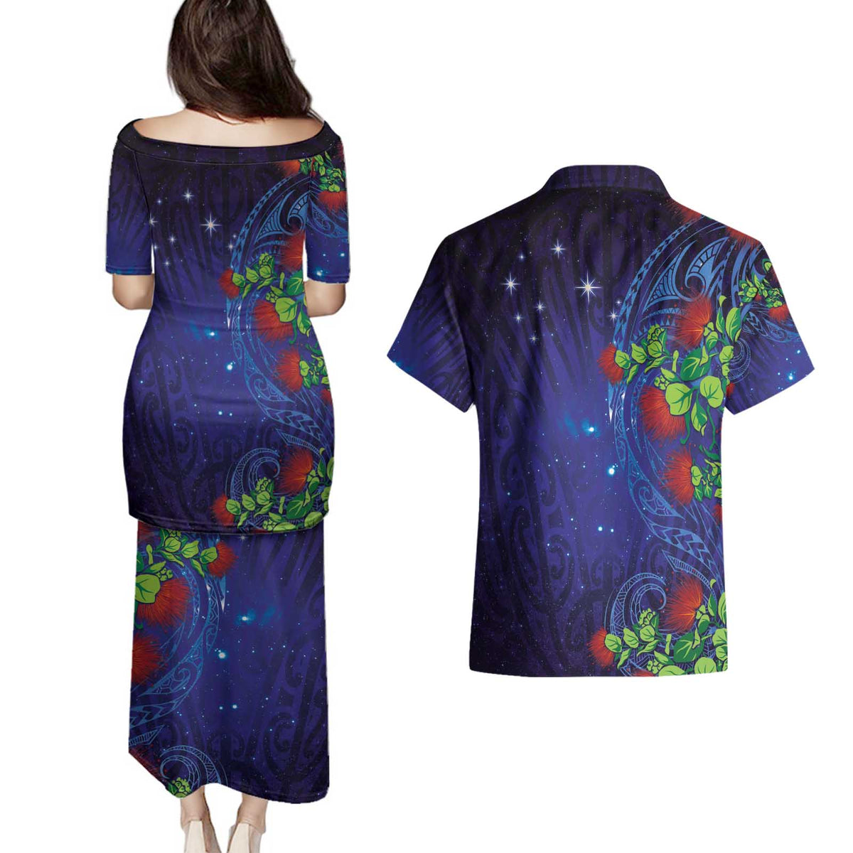 Matariki New Zealand Maori and Pohutukawa Couples Matching Puletasi and Hawaiian Shirt Galaxy Blue Sky Style