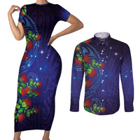 Matariki New Zealand Maori and Pohutukawa Couples Matching Short Sleeve Bodycon Dress and Long Sleeve Button Shirt Galaxy Blue Sky Style