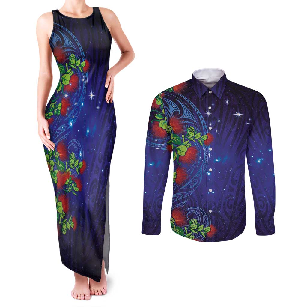 Matariki New Zealand Maori and Pohutukawa Couples Matching Tank Maxi Dress and Long Sleeve Button Shirt Galaxy Blue Sky Style