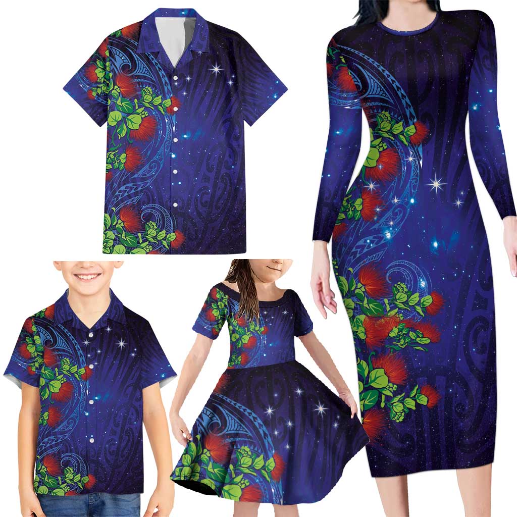 Matariki New Zealand Maori and Pohutukawa Family Matching Long Sleeve Bodycon Dress and Hawaiian Shirt Galaxy Blue Sky Style