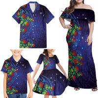 Matariki New Zealand Maori and Pohutukawa Family Matching Off Shoulder Maxi Dress and Hawaiian Shirt Galaxy Blue Sky Style